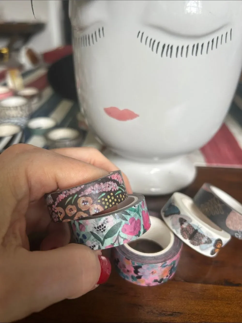 Floral & Butterfly Washi Tape Set - Pink, Teal, Black, White set of 5